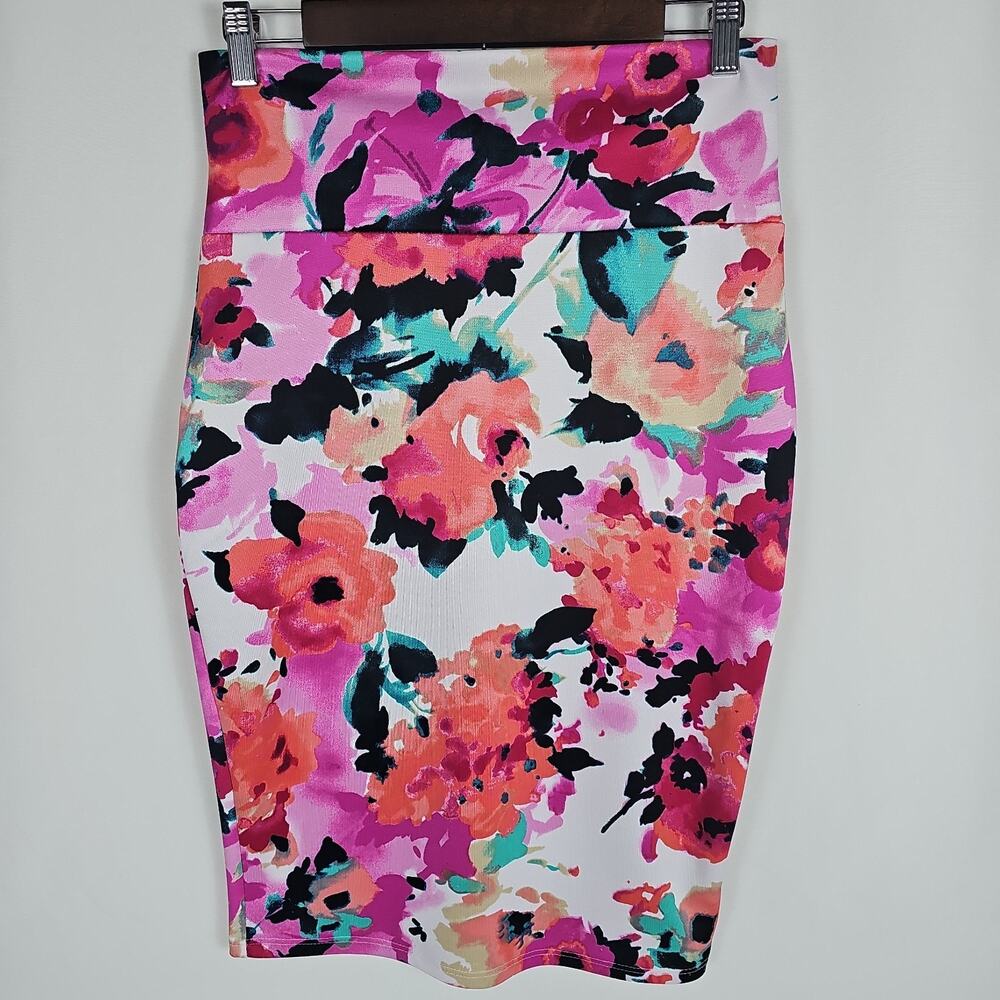 Silhouette NYC Women's Sz. Large Waist 28" Pull on Knit Pencil Skirt Floral Pink
